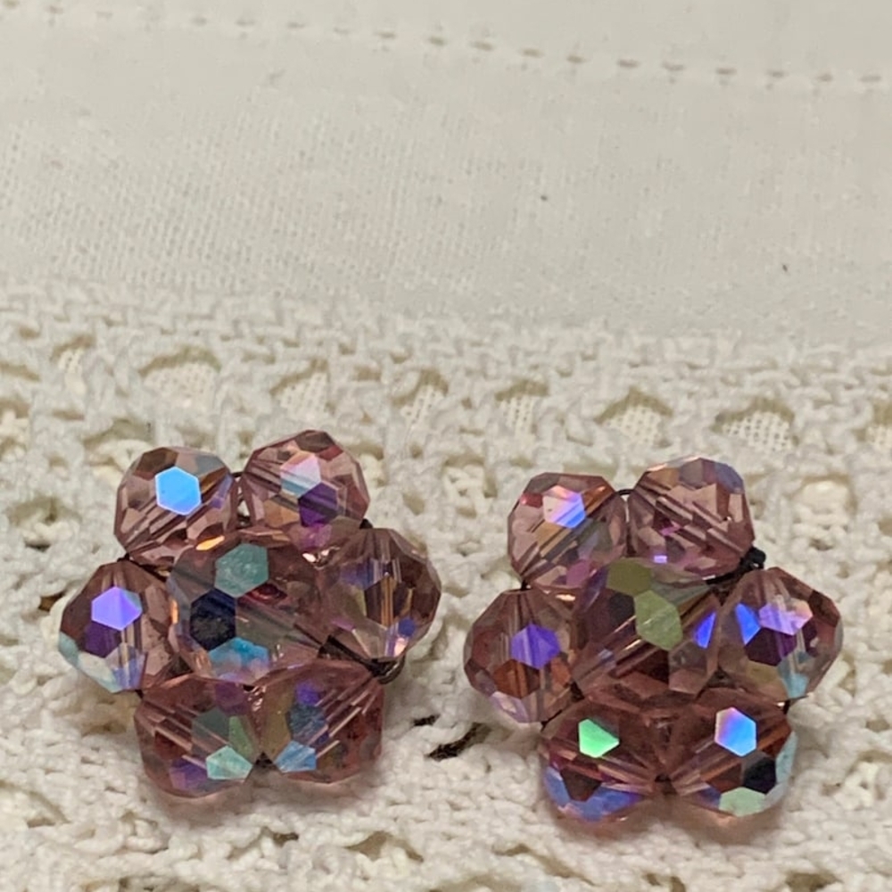 Vintage Pink Crystal Flower Clip On Earrings